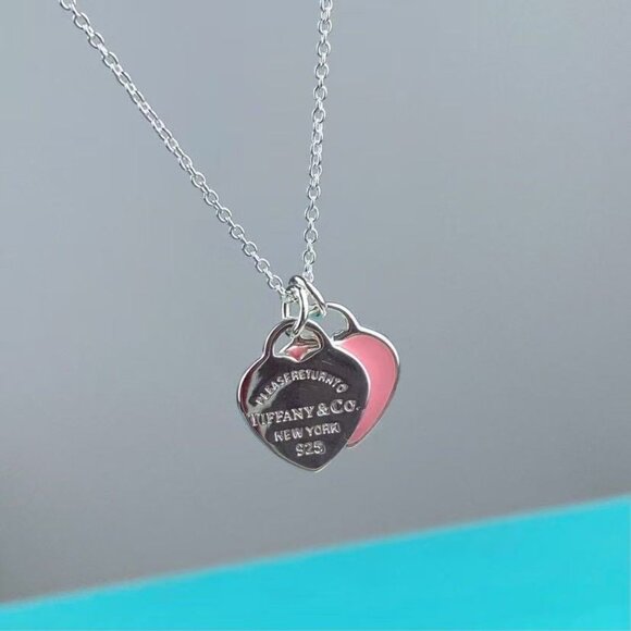 TIFFANY & Co. Return to Mini Double Pink Heart Enamel Pendant Necklace - Picture 1 of 7